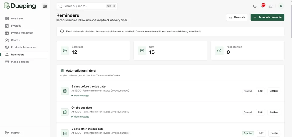 Dueping scheduled invoice reminders and reminder history