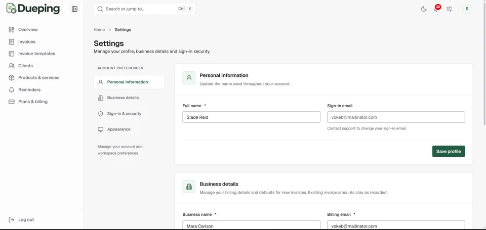 Dueping settings for profile, business details, and account security